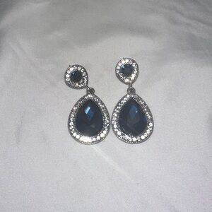 Blue Teardrop Crystal Drop Earrings Silver Tone Rhinestone Halo Statement
